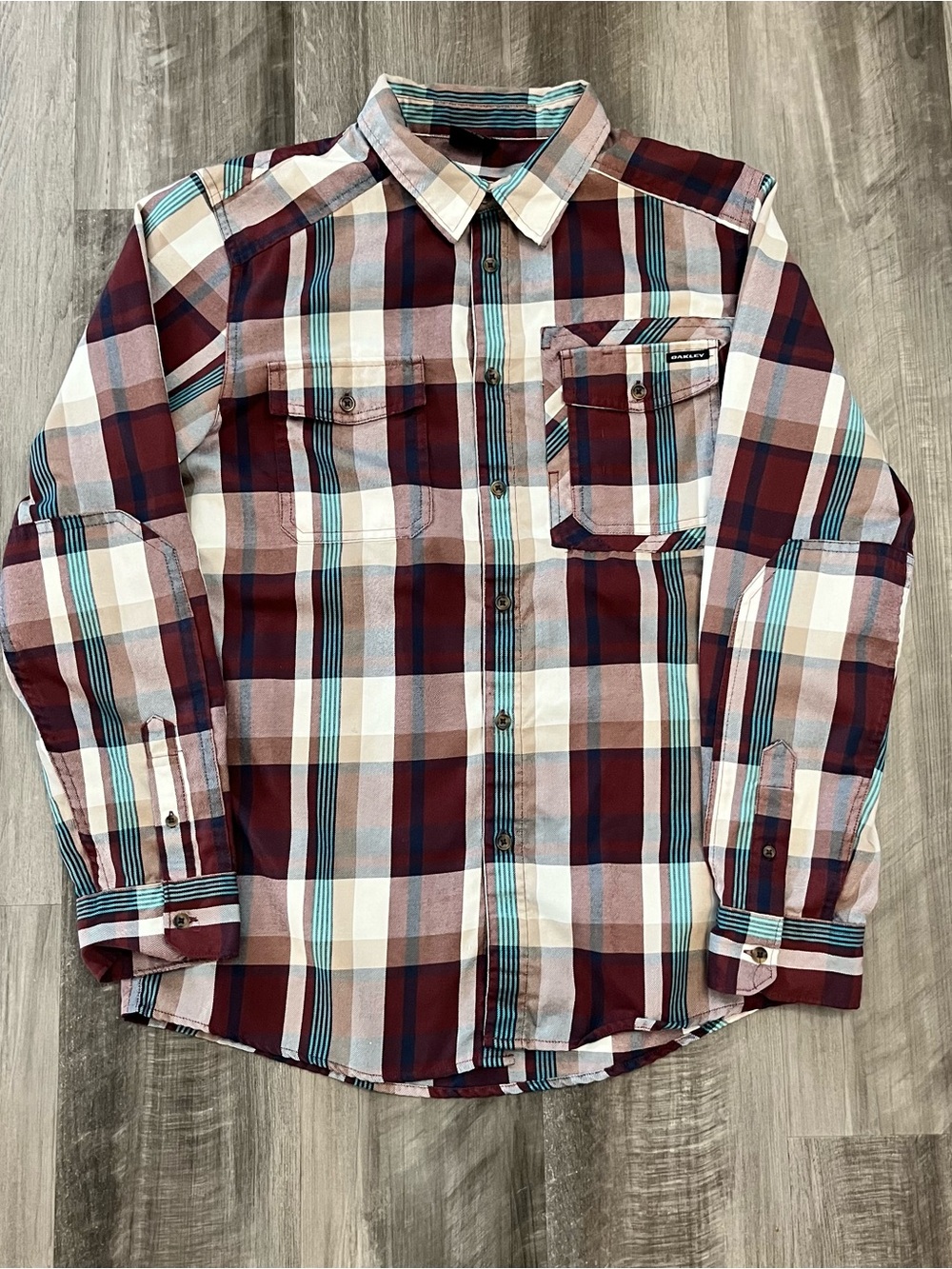 Oakley Men's Plaid Button-Down Shirt - Burgundy, Teal & Cream